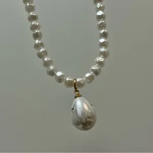 White Pearl Beaded Fashion Necklace with Teardrop Pendant thumbnail 7