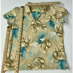 Caribbean Joe Petite Medium Tropical Palm Print Blouse V-Neck Cap Sleeve Tan thumbnail 11