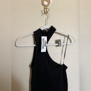 Urban Outfitters Asymmetrical Halter Neck Ribbed Flare Jumpsuit Sz L NEW black‎ thumbnail 3