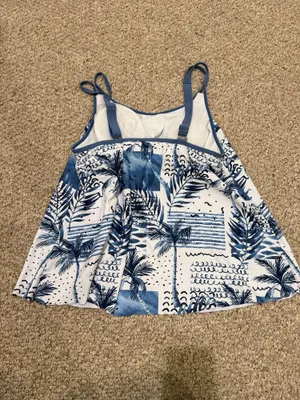 Blue Palm Print Tankini Top with Solid Blue Swim Shorts thumbnail 3