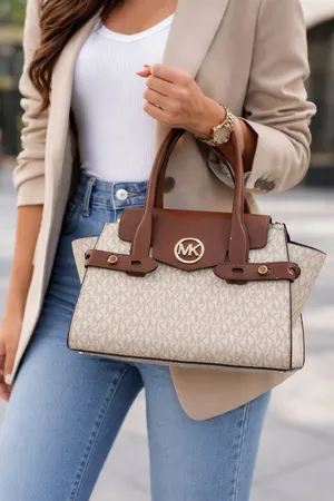 Michael Kors MK Logo Satchel • Brown & Tan • Structured Handbag thumbnail 1