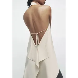 Zara Woman ZW Collection Halter Open Back Top Festival Flowy Satin Ivory thumbnail 9