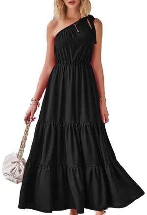 PRETTYGARDEN Chic One-Shoulder Black Maxi Dress thumbnail 1