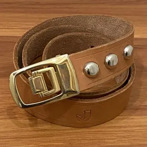JP Long Horn Studded Brown Leather Gold Buckle Belt Waist 28”-30” Made in Italy thumbnail 1