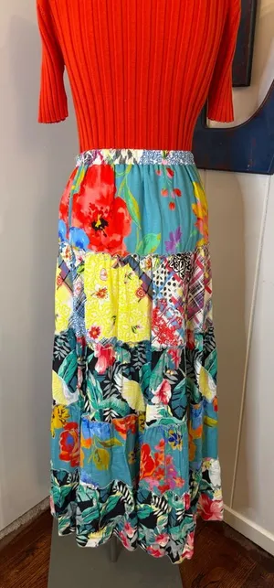 John Mark Teal Patchwork Floral Maxi Skirt with Bright Accents Sz M thumbnail 1