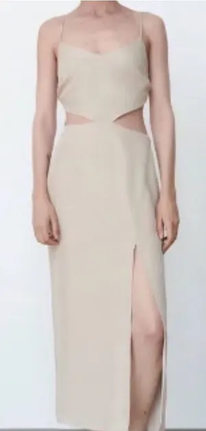 Zara Sand-Beige Cutout Midi Dress with Side Slit thumbnail 1