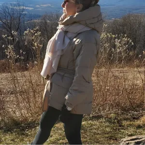 Women’s light brown beige puffer jacket with belt size small thumbnail 3