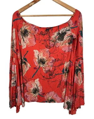 Free People Medium Blouse Top Flared Sleeves Orange Floral Stretch Boho Festival thumbnail 1