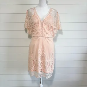 Boohoo Peach Lace Mini Dress Size‎ 10 V-Neck Sheer Sleeve Romantic thumbnail 2
