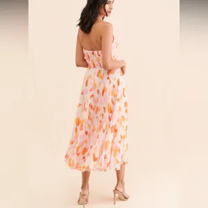 AMUR Strapless Midi Dress in Pink, Orange, White Geometric Print thumbnail 3