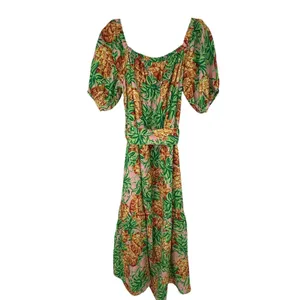 Farm Rio Pineapple Garden Linen Dress Off Shoulder Puff Sleeve Midi M Tropical thumbnail 3