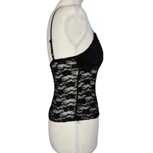 Black Lace Cami Womens XS Floral Sheer Mesh Bow V-Neck Adjustable Y2K Goth Top thumbnail 7