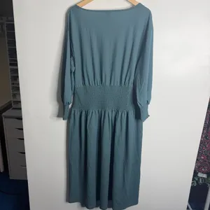 NWOT Ann Taylor Smocked Waist Flare Midi Dress Large Teal Casual Minimalist Work thumbnail 3