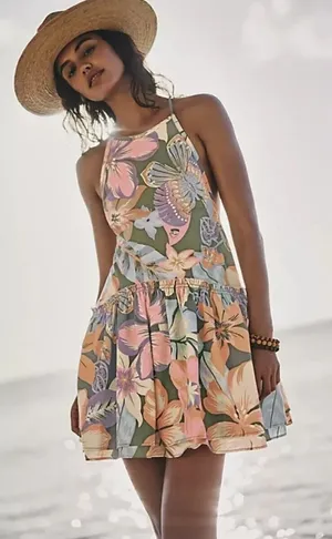 Free People Sz medium Deserted‎ Island Mini Dress Rainforest Floral Tie Rope thumbnail 1