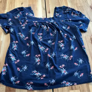 Lucky Brand Floral Short Sleeve Blouse Navy Blue Size Large thumbnail 1