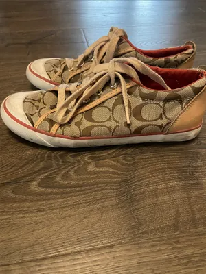 Women’s Coach Tan & Beige Signature Canvas Sneakers w/ Coach Logo Size 7.5M thumbnail 4
