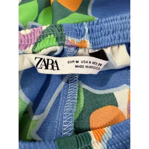 Zara Womens Floral Print Straight Leg Elastic Waist Pants‎ Blue Green Orange M thumbnail 3