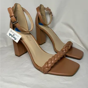 Nine West Allha 3 Braided Strap Chunky Heels in Macaroon Tan 6.5 thumbnail 5