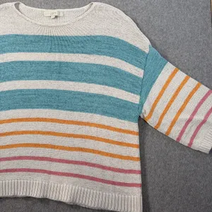 LOFT Women's Large Striped Knit Sweater Top Teal Orange Pink Drop Shoulder Boxy thumbnail 3