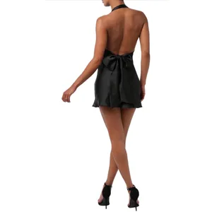 NWT Lulus‎ Darcey Tie Back Mini Dress Black Satin Halter Open Back Skater Medium thumbnail 2