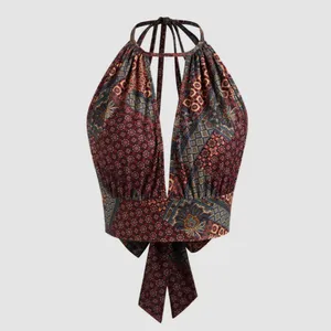 Cider X-small Woven Halter Aztec Knotted Back Crop Top thumbnail 3