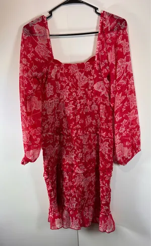Sim & Sam Red Floral Smocked Ruffle Mini Dress Long Sleeve Medium thumbnail 3