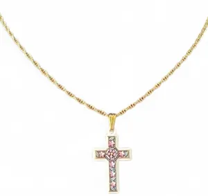 Avon Vintage White Enamel Floral Cross Necklace 24” Goldtone Rope Chain thumbnail 1