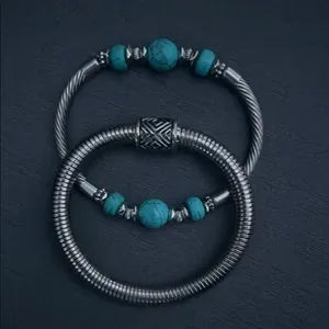 Set of 2 Silver & Turquoise Beaded Bracelets Boho Western Southwestern Jewelry thumbnail 8