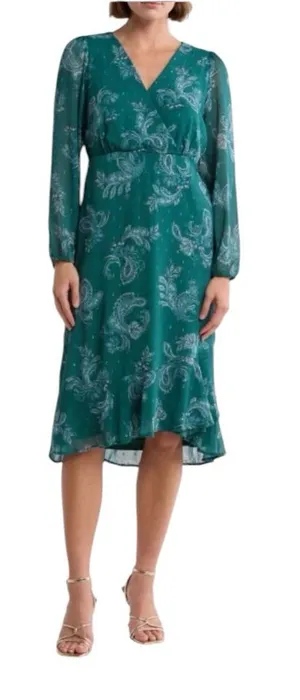 Lucky Brand - NWT Teal Paisley Chiffon Midi Dress Long Sleeve Metallic Sz M thumbnail 1