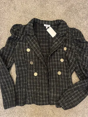 TCEC Black Tweed Double-Breasted Puff Shoulder Jacket with Gold Buttons thumbnail 2