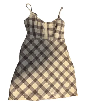 Urban Outfitters Plaid Mini Dress Brown‎ Cream Sweetheart Neckline Size S P thumbnail 1