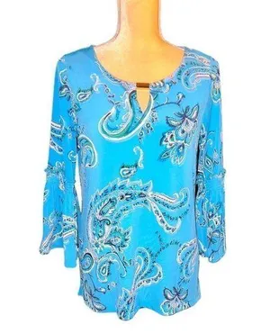 Dana Buchman pretty turquoise blue paisley stretchy top with bell sleeves thumbnail 1