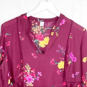Old Navy Women's Burgundy Maroon Floral Tunic Top Flowy Blouse Size Large thumbnail 3