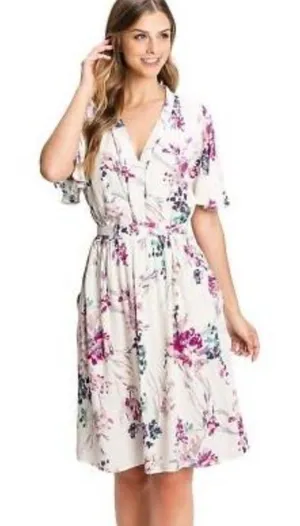 NEW Lovestitch floral midi dress SMALL short flutter sleeves Pockets pink thumbnail 1
