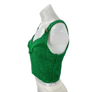 Zara Women's Green Tweed Gold Button Sleeveless V Neck Tank Crop Top Size S thumbnail 3