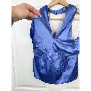 French Connection Blue Satin Halter Top Womens Size XS Smocked back thumbnail 4