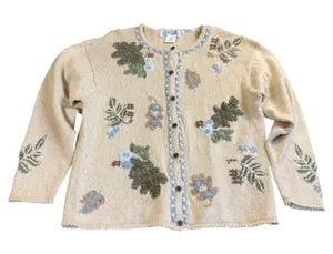 Jantzen Cardigan Women Large Hand Embroidered Fall Florals Cotton Ramie Vintage thumbnail 1