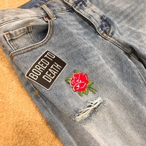 Patched distressed girlfriend jeans cropped denim thumbnail 2