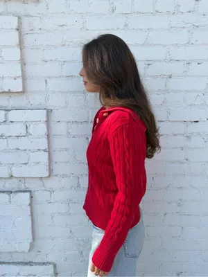 Vtg y2k Red cable knit sweater with button up collar #cableknit #preppy #90s #autumn thumbnail 2