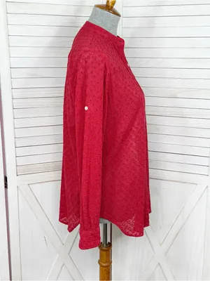 Lauren Ralph Lauren Eyelet Button Up Tunic Shirt Red Small Cottage Preppy Cotton thumbnail 3