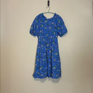 J.Crew Floral Puff Sleeve Mini Dress Blue Cotton Smocked Back Tie Neck Size‎ 12 thumbnail 3