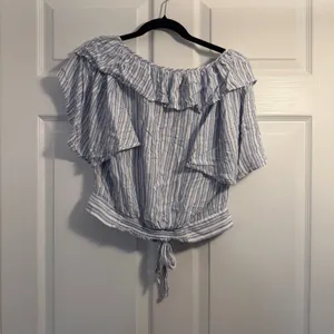 Free People Striped Ruffle‎ Blouse Blue Large Boho Coastal Summer Crop Top thumbnail 4