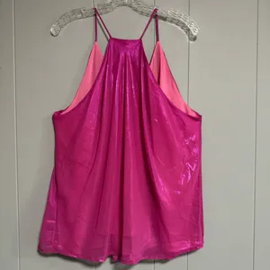 ADRIENNE Fuchsia Two Tone V neckline Racerback Shimmery Loose Fit Blouse Size L thumbnail 2