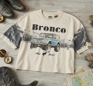 Ford Bronco Vintage Style Mountain Graphic Crop Tee Cream / Black Oversized Fit thumbnail 1