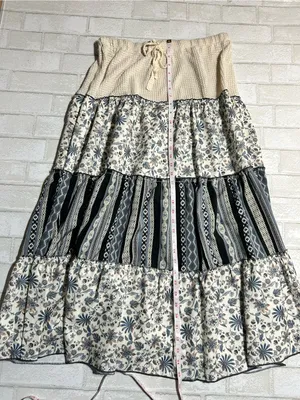 POL Mermaidcore Boho Tiered Maxi Skirt in Cream and Blue Prints Size Large thumbnail 5