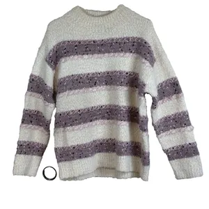Absolutely Creative Worldwide Women's Fuzzy Striped Sweater L Cream Mauve Knit thumbnail 2