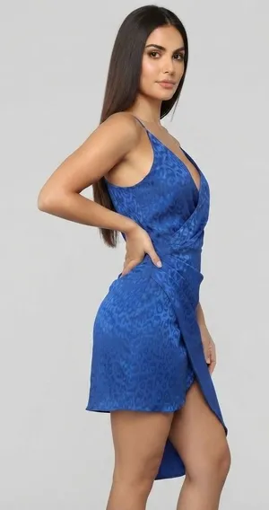Asymmetric Royal Blue Flirty High/Low Lined Rouched Satin Animal Print Dress - NEW w/Tags thumbnail 1