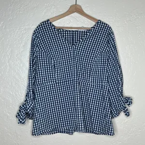 J.Crew x Universal Standard Gingham Tie‎ Blouse Preppy Chic Women Blue White XL thumbnail 2