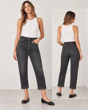 AGOLDE Size 31 High Rise Straight Leg Jeans Washed Black Button Fly Cuffed Hem thumbnail 2