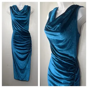 Zaful Velvet Midi Dress Size 6 Blue Ruched Party Fairy Whimsigoth Wedding Guest thumbnail 2